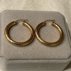 Vintage 14K Yellow Gold Texted Hoop Earrings